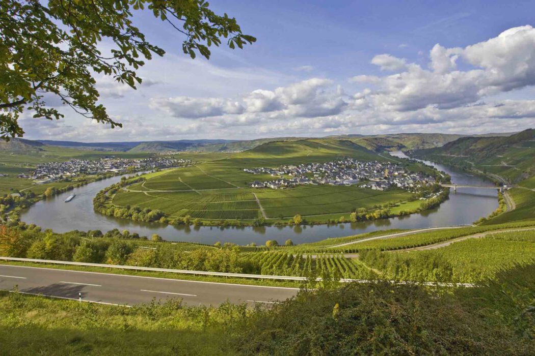 Panoramablick auf die Moselschleife bei Trittenheim mit Weinbergen, dem Fluss, einem Frachtschiff und den Orten Trittenheim und Leiwen an einem sonnigen Tag