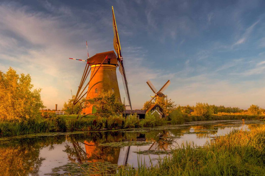 Reisefotografie Kinderdijk UNESCO Welterbe bei Sonnenaufgang: Zwei historische holländische Windmühlen aus Backstein am Wasserkanal, goldenes Morgenlicht, Spiegelung im Wasser mit Seerosen, hohes Gras im Vordergrund, dramatischer Himmel.