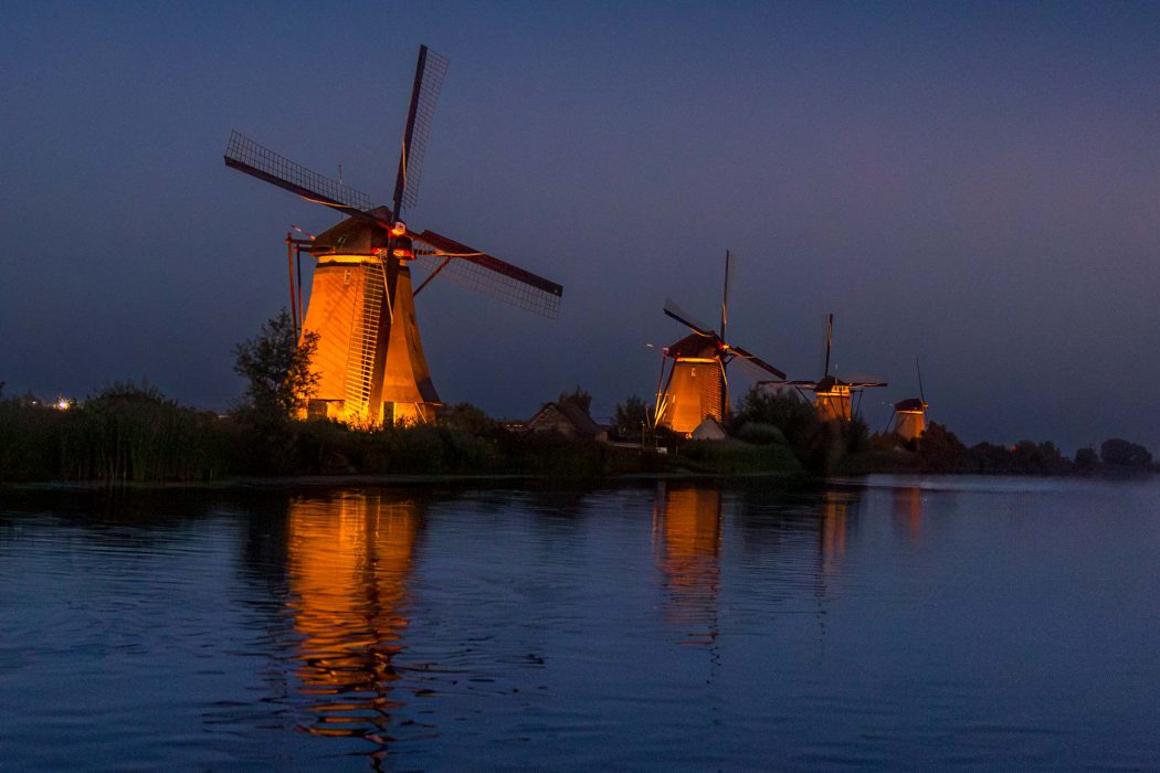 Windmühlen Kinderdijk Nachtbeleuchtung