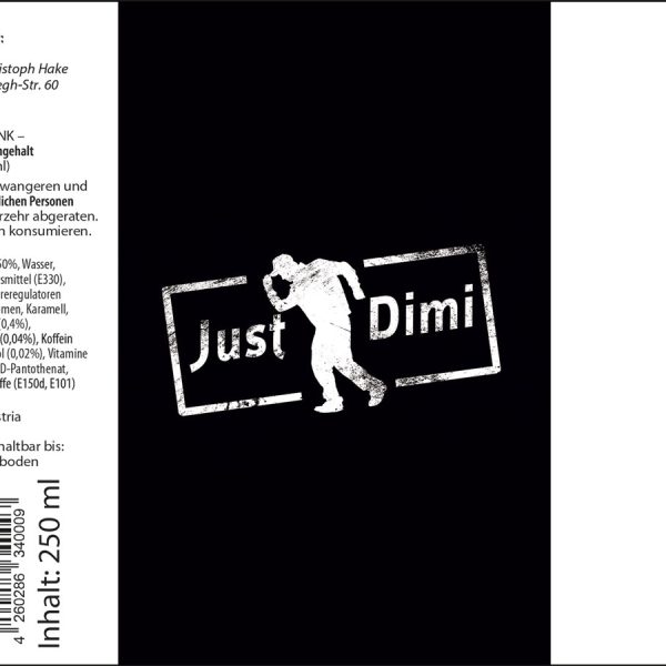 Produktrückseite eines Just Dimi Energy Drinks mit Inhaltsstoffen und Warnhinweisen