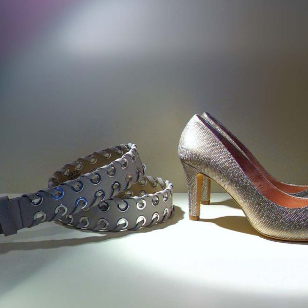 Eleganter grauer Ösen-Gürtel und silbernen Pumps