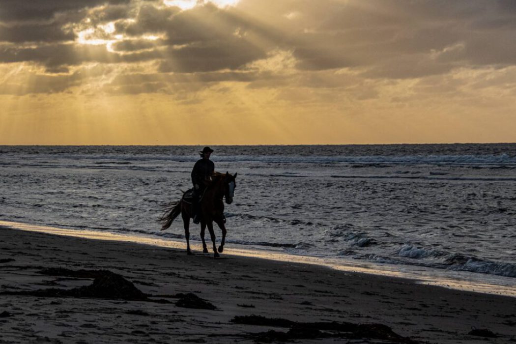 Reisefotografie Nordsee Strand bei Sonnenuntergang: Reiterin auf braunem Pferd reitet am Wasserrand entlang, dramatische Sonnenstrahlen brechen durch Wolken über dem Meer, goldenes Abendlicht, Silhouette, Nordseestrand.