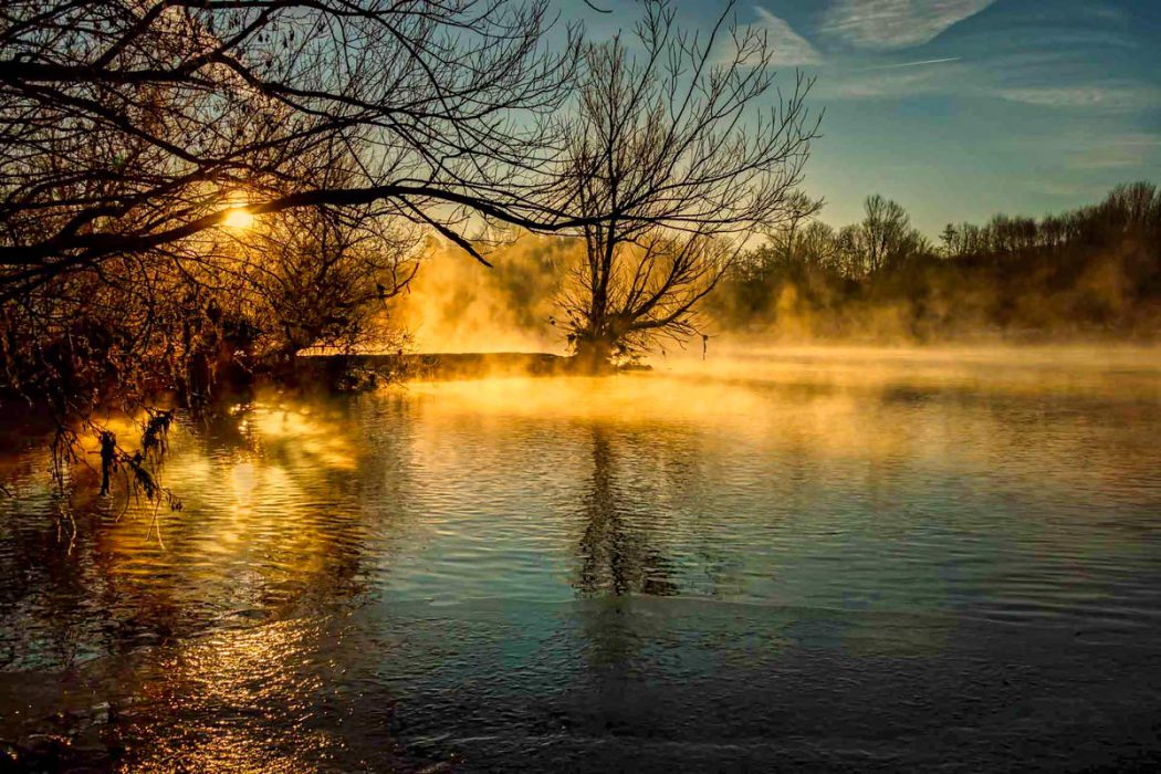 Morgennebel über der Ruhr mit Sonnenaufgang und kahlen Bäumen