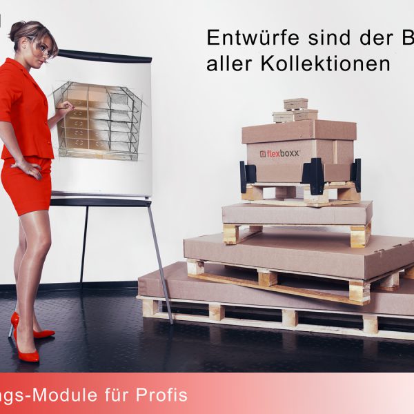 Frau präsentiert Flexboxx Verpackungs-Module und Paletten