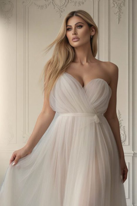 Eine Frau in einem eleganten, schulterfreien weißen Kleid aus plissiertem Tüll steht vor einer hellen Wand mit klassischen Ornamenten. Ihr blondes Haar fällt locker über ihre Schultern.